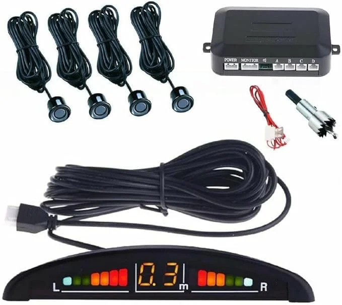 SQUADO Kit 4 Sensori di Parcheggio Wireless Neri con Display LED e Cicalino Acustico Senza Fili Nero