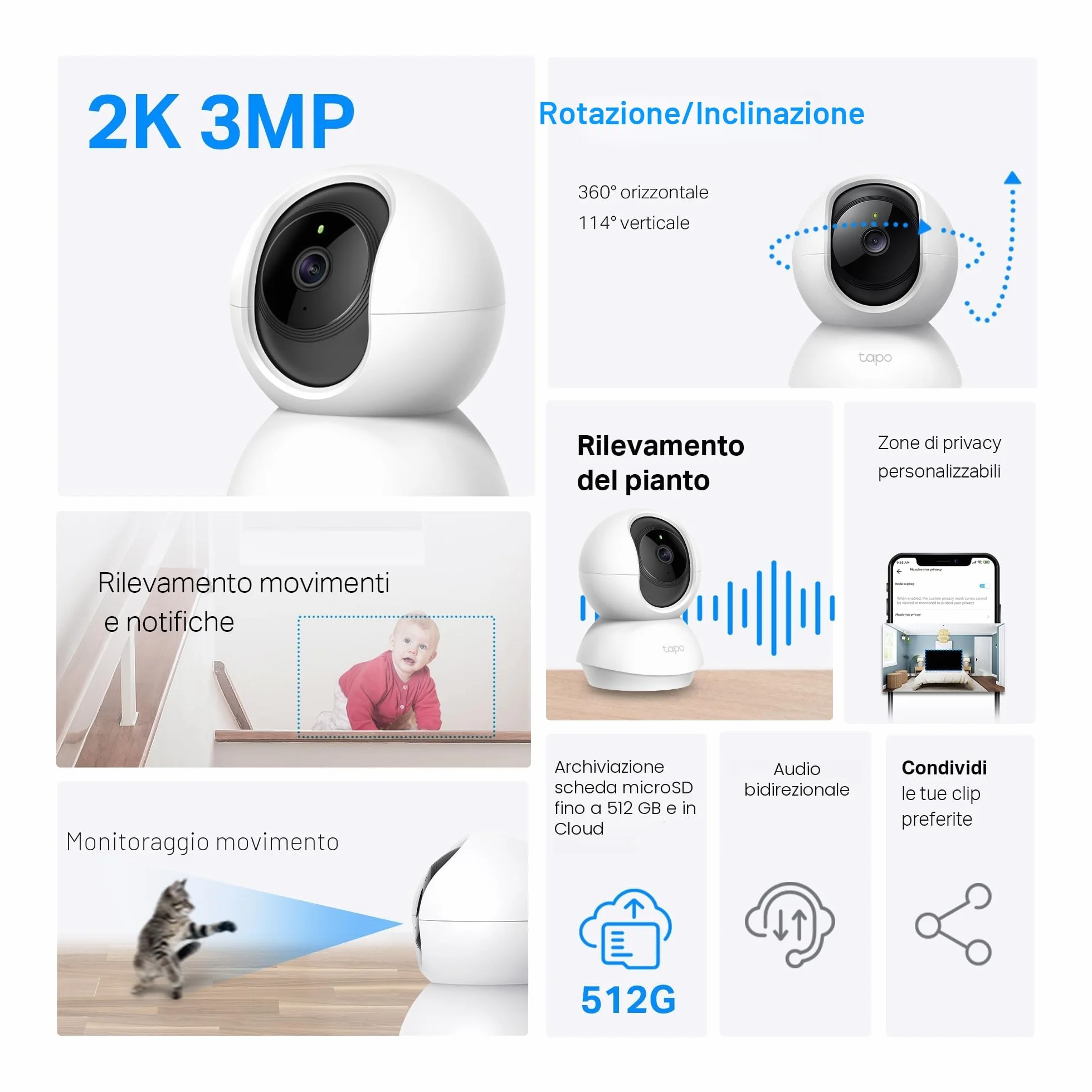 Tapo C210 Telecamera Wi-Fi Interno 2K(3MP), Videocamera Sorveglianza, Visione Notturna, Notifiche in Tempo Reale, Storage su Cloud, MicroSD fino a 512GB, Funziona con Alexa e Google Assistant