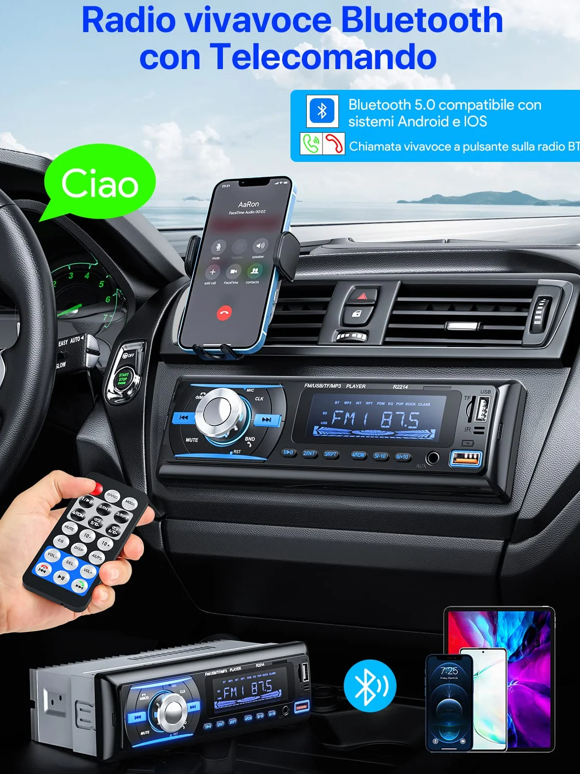 RDS Autoradio Bluetooth 5.0 Vivavoce, Chismos FM/AM Bluetooth Autoradio con telecomando, Supporto due USB/AUX in/SD/TF/WMA/WAV/MP3 Player, 1 DIN Stereo Radio 4x65W Supporto iOS Android