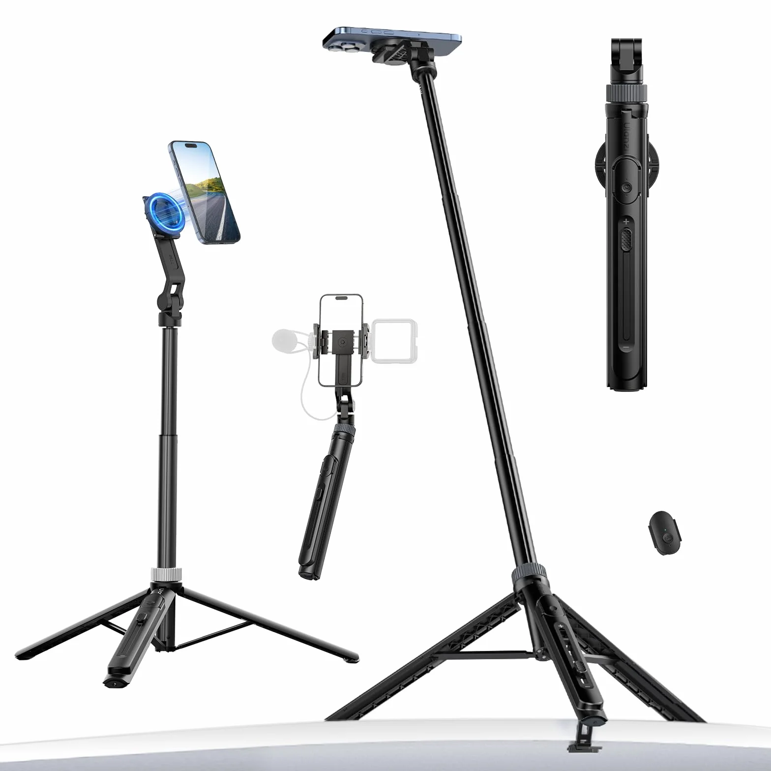 ULANZI TT88 Cavalletto smartphone 147 cm, Tripode cellulare magnetico con telecomando ricaricabile, Treppiede telefono portatile per ripresa dall'alto, 2 cold shoe, compatibile con iPhone/Samsung