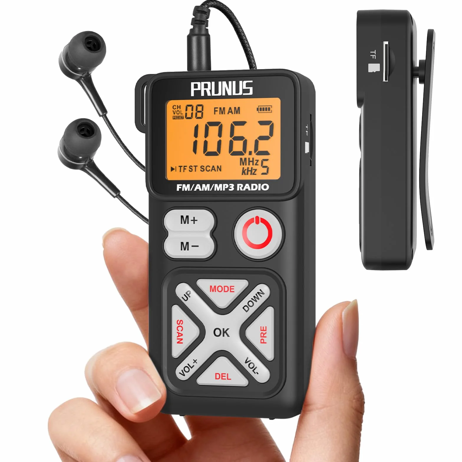 PRUNUS J-988 Mini Radio Portatile AM/FM, Radiolina Ricaricabile con Display LCD, Cuffie e Clip, Radio Tascabile con Supporto TF per Pesca, Corsa e Camminate.