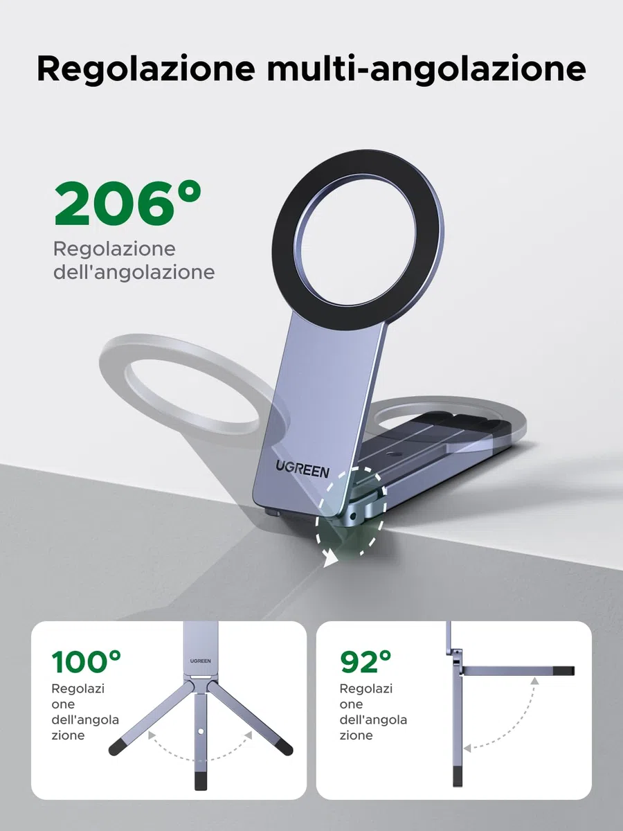 UGREEN Treppiede Magnetico per Telefono Grigio Nebulosa Supporto Magnetico MagSafe Materiale in Lega di Alluminio Adatto per Viaggi Riunioni e Uso Domestico