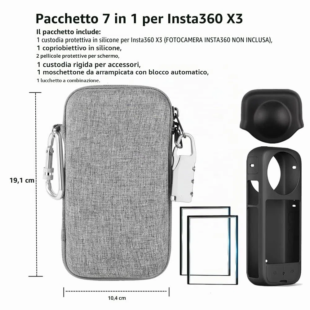 Kit di Accessori 7in1 Compatibile con Insta360 X3 [Custodia in Silicone per Fotocamera e Copriobiettivo] [2 Pellicole Protettive] [Custodia per il Trasporto Esterna con Moschettone]