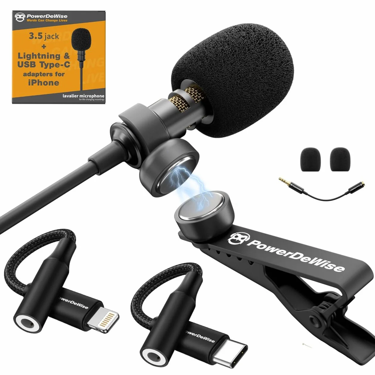 PowerDeWise Microfono Lavalier, Microfono da Bavero Professionale Omnidirezionale Con Clip Facile da Applicare, Microfono per iPhone/Vlog Youtube/Interviste/Videoconferenze/Podcast/Dettatura/ASMR