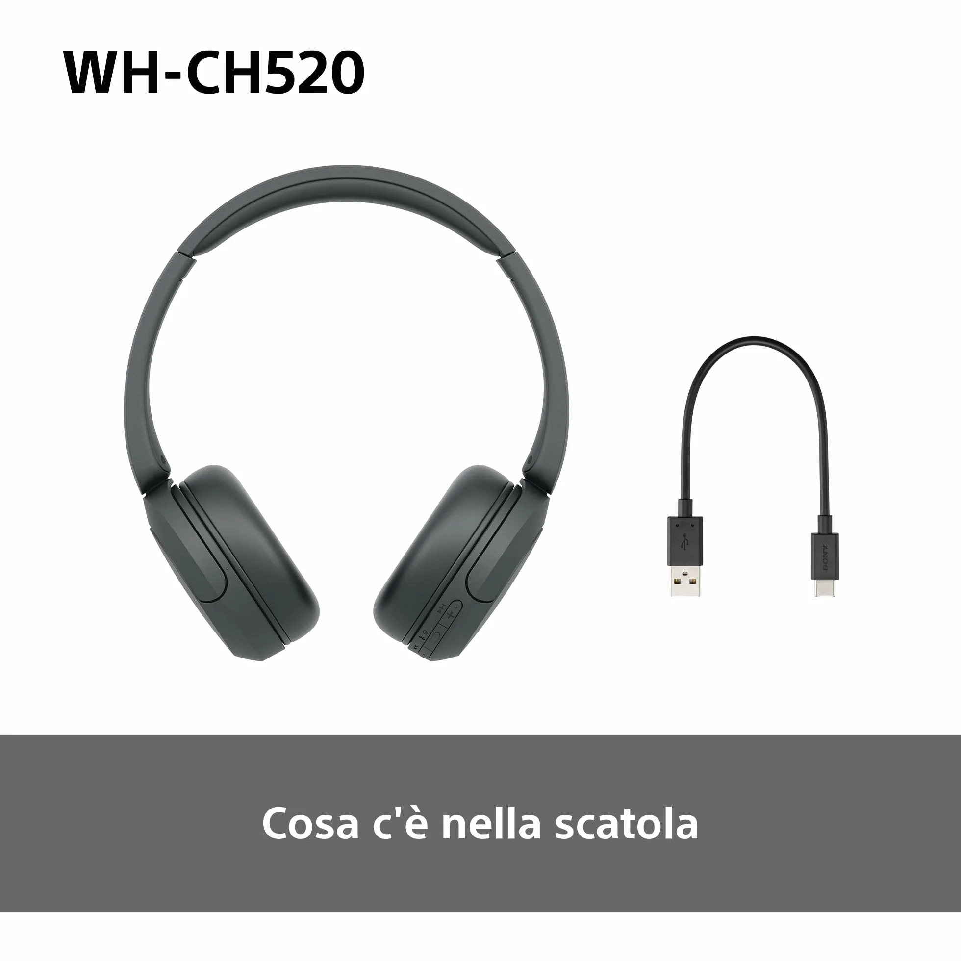Sony WH-CH520 | Cuffie Wireless, Connessione Multipoint, con Microfono, Fino a 50 ore di durata della batteria con Ricarica rapida - Nero