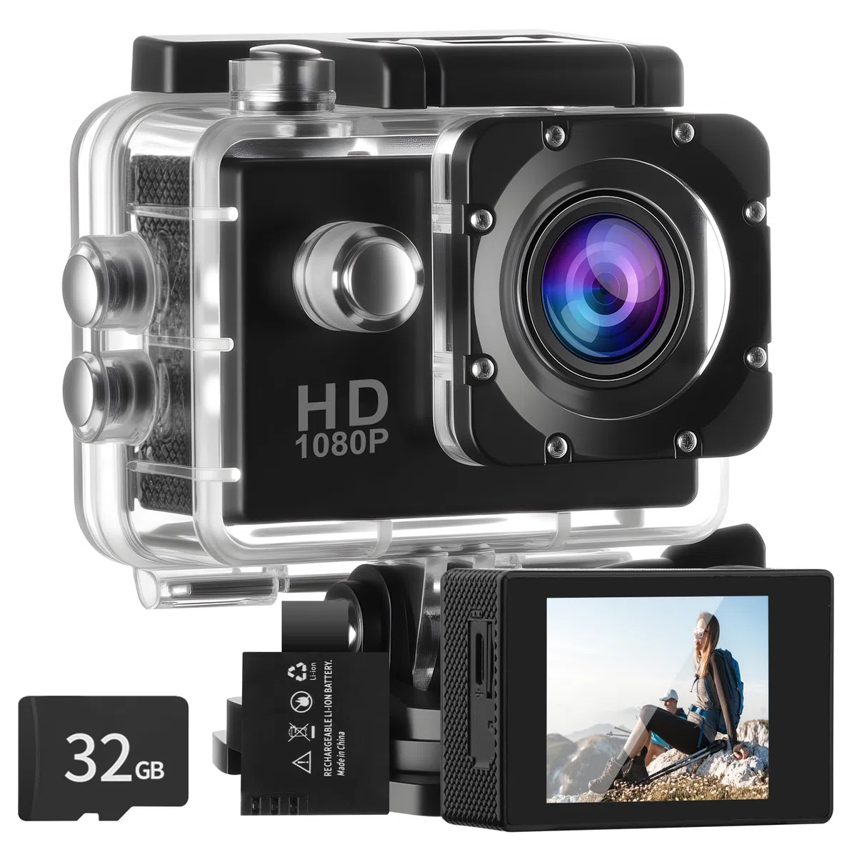 Aolso 1080P/30FPS Action Cam Con 32GB Scheda, Sports Camera Ultra HD Impermeabile fino a 30 m, Action Camera per Casco con Batterie 900 mAh e Accesorios Multiples per Ciclismo Sci Paracadutismo