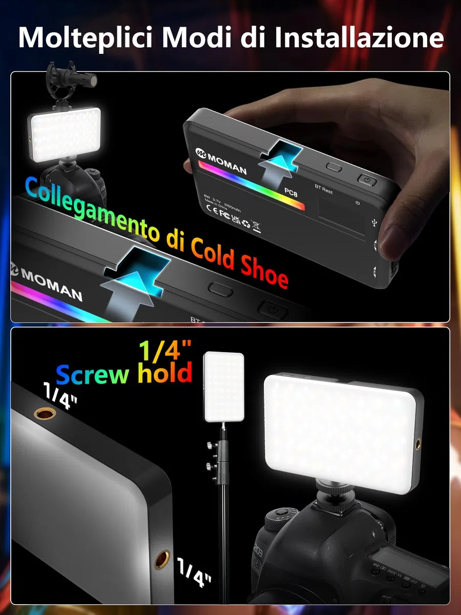Moman PC8 Luce Video Professionale RGB Pannello LED 3100mAh con App Control, 13 Effetti Luce per Fotocamera/Streaming/YouTube