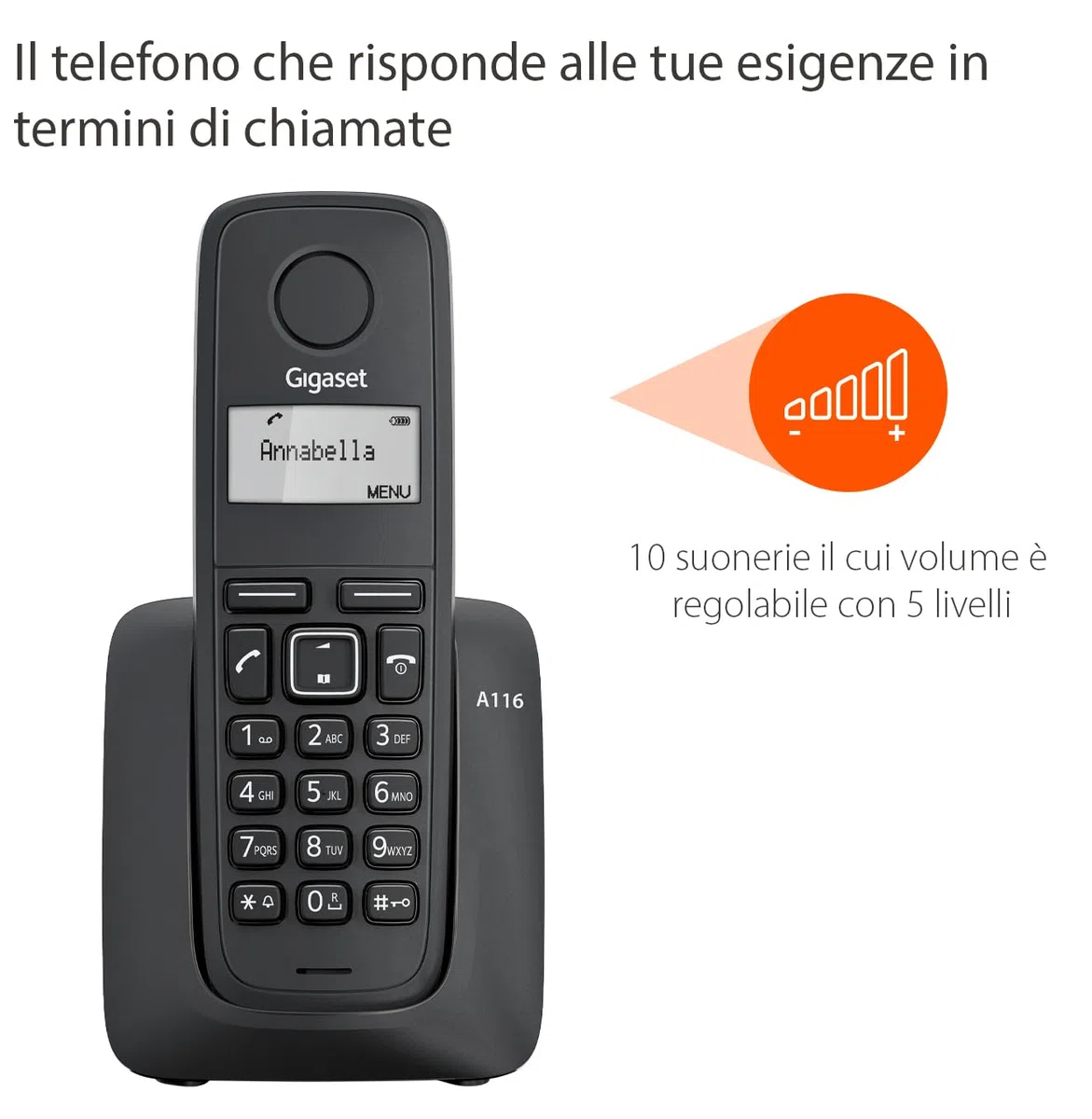 Gigaset A116 - Telefono Cordless - Durata delle batterie 12 ore di conversazione e 130 ore di standby - Fino a 50 voci, Nero [Compatibile in IT, ES]