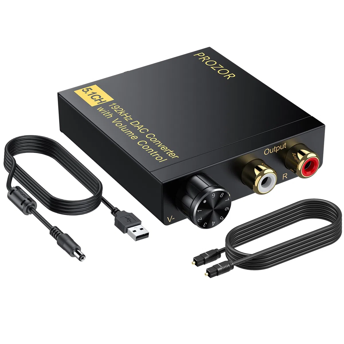 PROZOR D/A Convertitore Digitale ad Analogico Supporta Dolby Digital DTS PCM 5.1CH a 2CH Decodificatore DAC con Volume Regolabile Adattatore Audio Coassiale/SPDIF a RCA con Cavo 2RCA a 3.5mm