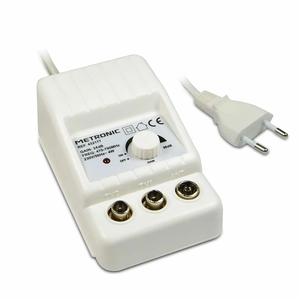 Metronic 432187 Amplificatore TV FM/VHF/UHF per digitale terrestre con Filtro LTE, 2x24dB regolabili, 1 ingresso/2 uscite, da interno, 47 / 790MHz, Bianco