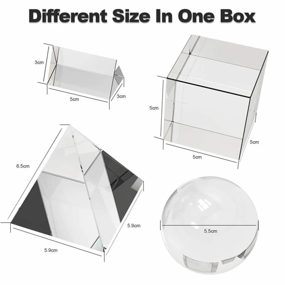 4 prisma fotografico con cristallo ottico K9, include 50mm, prisma triangolare in vetro da 50mm, sfera di cristallo da 55mm, piramide ottica da 60mm, per insegnamento di fisica, giochi e fotografia