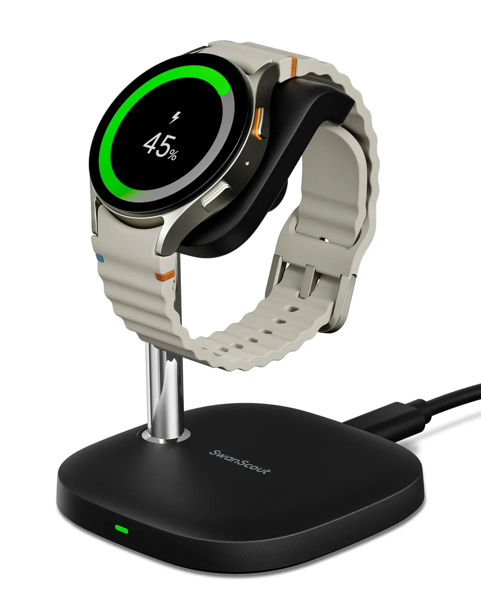 SwanScout Supporto di ricarica per Samsung Watch, ricarica rapida per Samsung Galaxy Watch Ultra(2025)/8/8 Classic/7/Ultra/6/6 Classic/5/5 Pro/4/3/Active 2, SwanScout 505S (Nero)