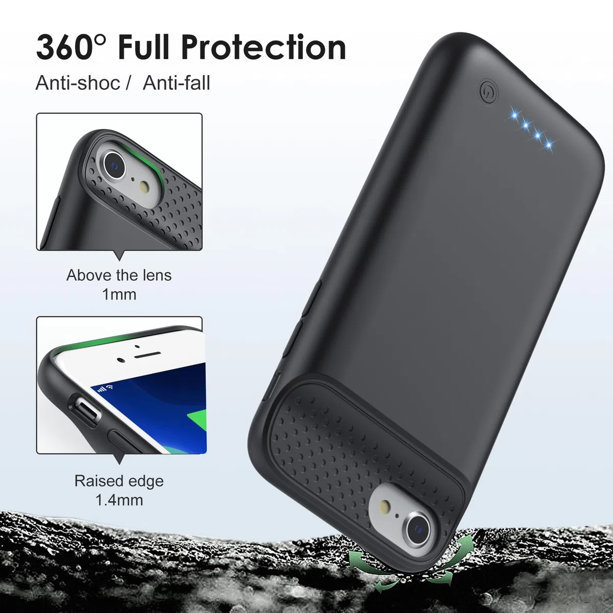 Feob Cover Batteria per iPhone 6/6s/7/8/ SE (2020/2022)-4,7", 7000mAh Cover Ricaricabile Battery Case Custodia Batteria Caricabatterie Power Bank per iPhone 6 /6s/ 7/8/ SE-4,7"-Nero