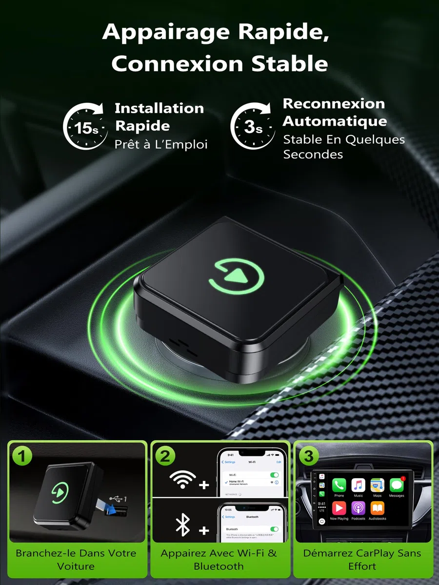 Adattatore CarPlay Wireless Per iPhone:Android Auto Wireless & CarPlay Wireless – Stabile, Compatibile con iPhone iOS 10+ e Auto con CarPlay di Serie, Connessione Automatica, Plug & Play, USB-A/Type-C