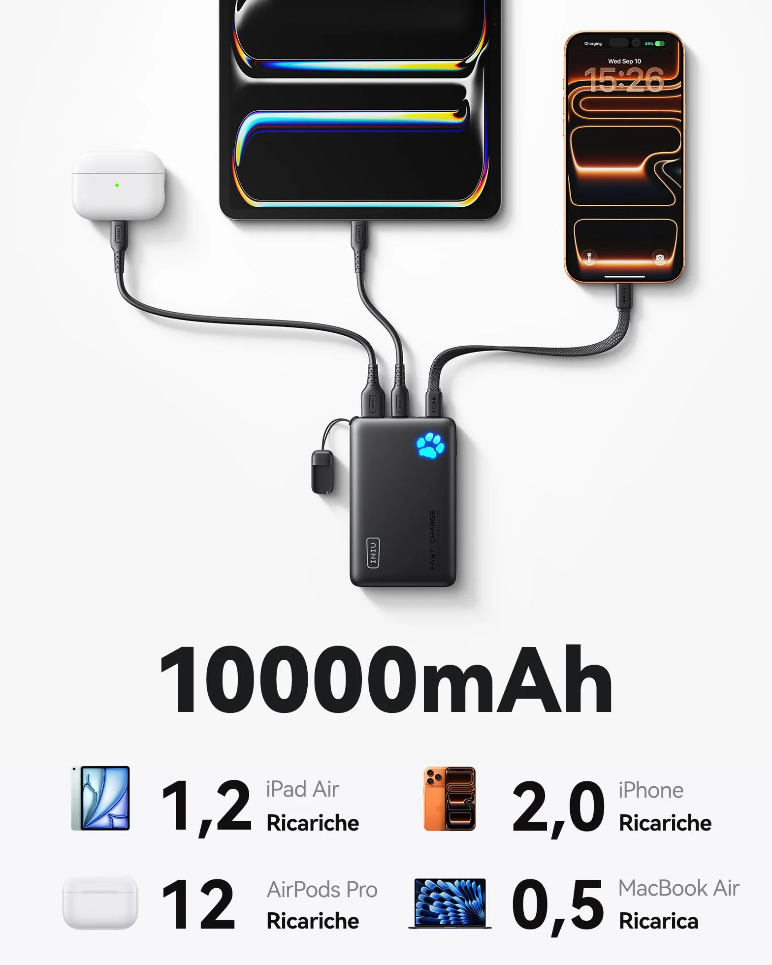 INIU Power Bank, Piccolo 45W Ricarica Rapida 10000mAh Powerbank con Cavo USB C Staccabile, Idoneo per Volo, Essenziali da Viaggio, Caricatore Portatile per iPhone 17 16, Samsung S25 Xiaomi iPad ecc.