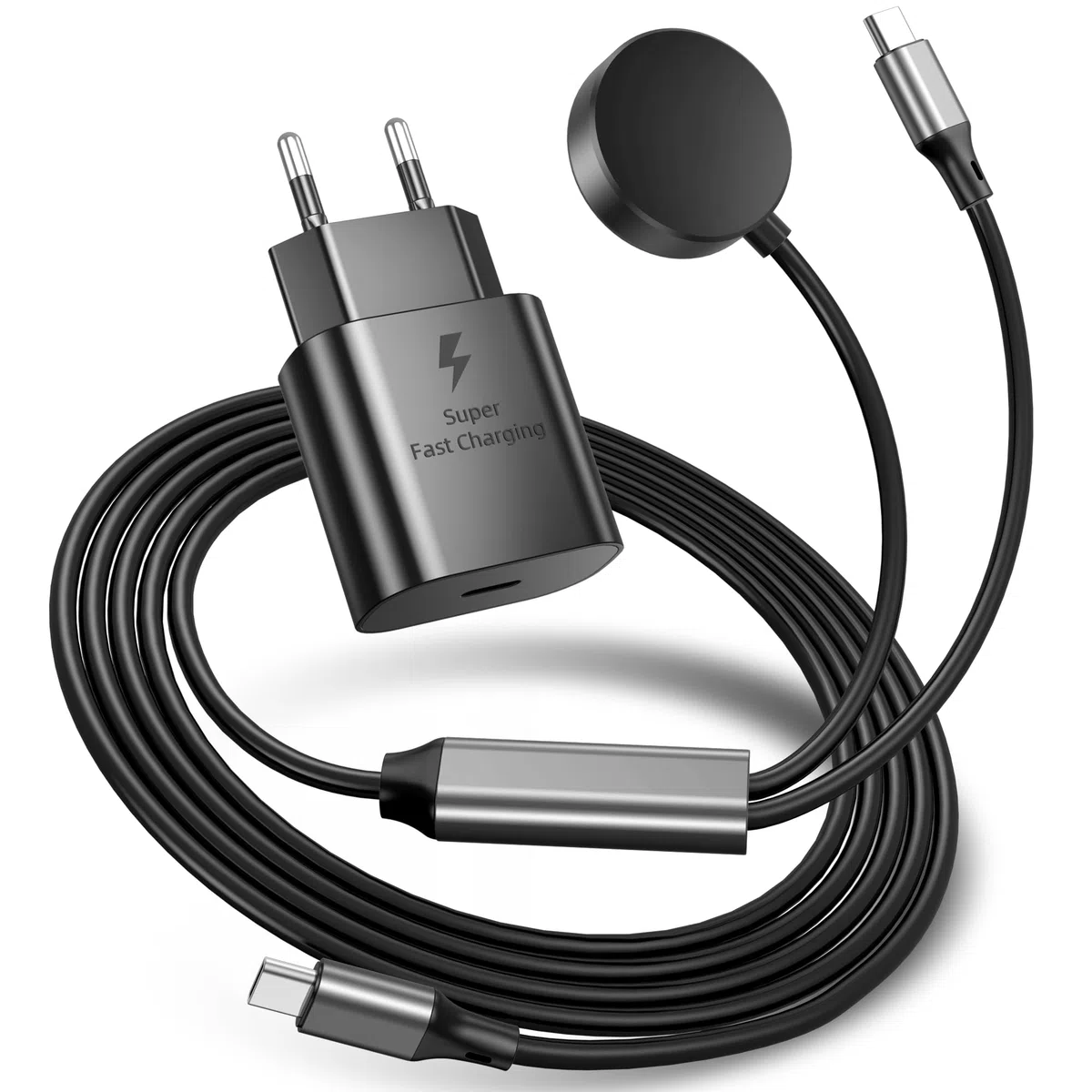 Caricatore Galaxy Watch 2 in 1, 25 W USB-C, compatibile con Galaxy Watch 8/7/Ultra/6/6 Classic/5 Pro/5/4/4 classic/3/Active2/1, per Galaxy S25 Ultra/S24/S23/S22/S21 e Buds