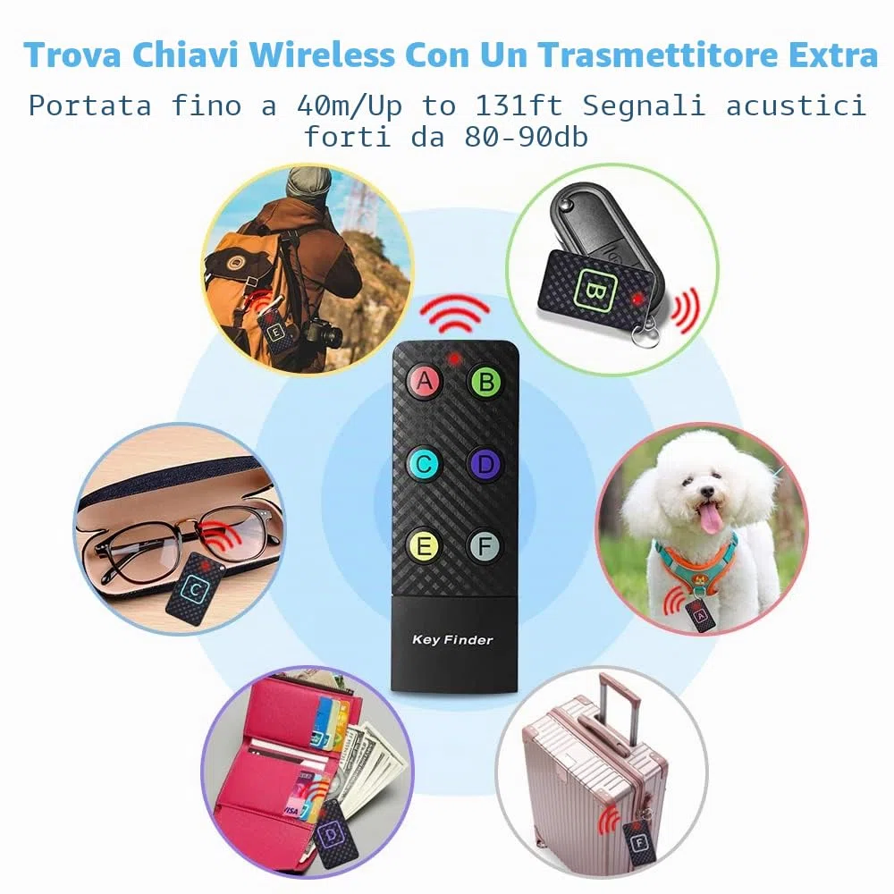 Trova-chiavi, RF Item Locator, con 2 trasmettitori e 6 ricevitori, segnali acustici da 85 dB, trova-chiavi senza fili, supporta il controllo remoto per localizzare animali domestici, borse