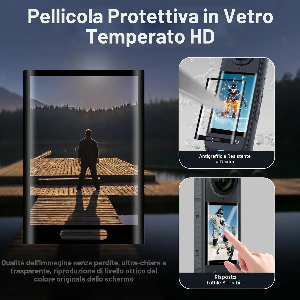 FiTSTILL - Set di protezione per Insta 360 X5, pellicola protettiva in vetro temperato e silicone, copriobiettivo e base di supporto in silicone