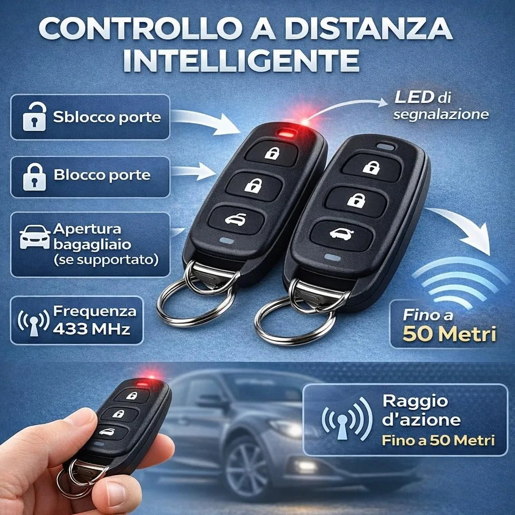 CAR PASSION Kit Chiusura Centralizzata Auto Universale - 2 Telecomandi, Apertura Baule e Controllo a Distanza - Facile da Installare, Sicuro e Compatibile con Tutti i Veicoli