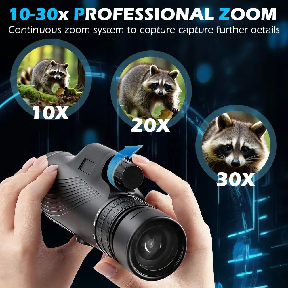 AOOWU Telescopio Monoculare 10-30x HD, Cannocchiale Portatile con Prisma BAK-4 e FMC Canocchiale, Zoom Impermeabile Monocular con Treppiede Supporto e Adattatore, per Bird Watching, Caccia, Concerto