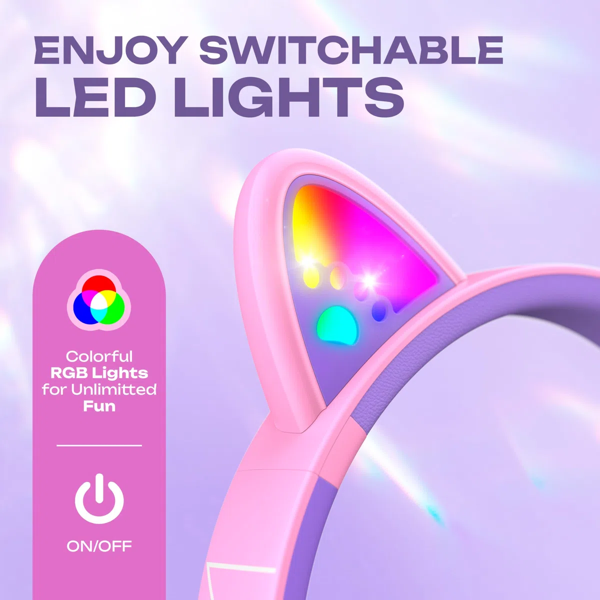 PowerLocus Cuffie Bluetooth per Bambini, Cuffie Wireless per Ragazzi, 74/85/94dB Limite di Volume, Luci a LED, Cuffie Over Ear Pieghevole Senza Fili con Microfono per iPad/Viaggio/Tablet/PC (Viola)