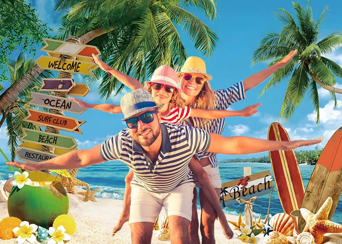 2.4x1.8m Sfondo Spiaggia estate tropicale palme mare isola blu mare cielo fotografia sfondo matrimonio baby shower compleanno Hawaii Aloha Luau Party decorazioni banner Photo Booth Props