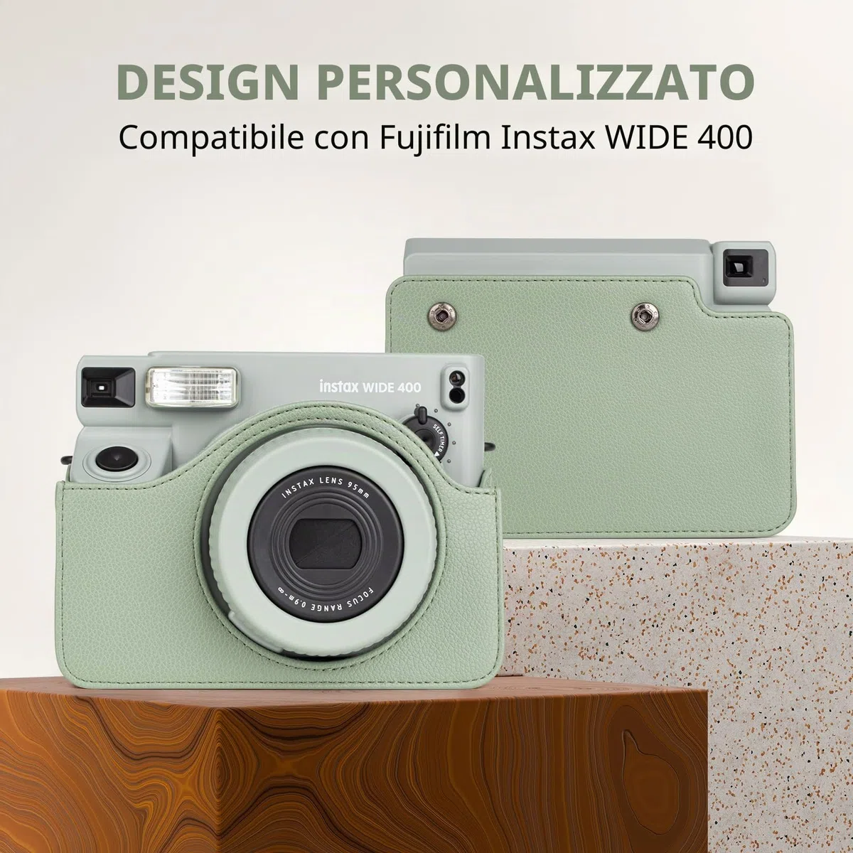 Custodia Protettiva in Pelle Compatibile con Fotocamera Istantanea Fujifilm Instax Wide 400, Custodia per Fotocamera Wide 400 con Tracolla - Verde Fresco