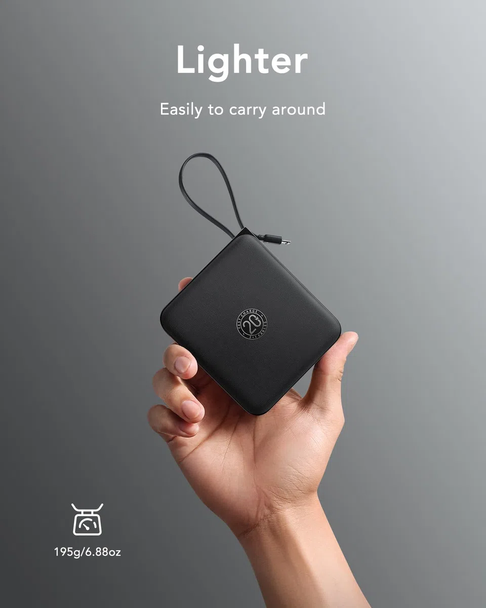 VRURC Power bank 10000mAh con 4 cavi integrati, 22.5W Batteria USB C a Ricarica Rapida, PowerBank per Cellulare Display LED per iPhone 15 14 Samsung Galaxy S23 Google Pixel Tablet Android - Nero