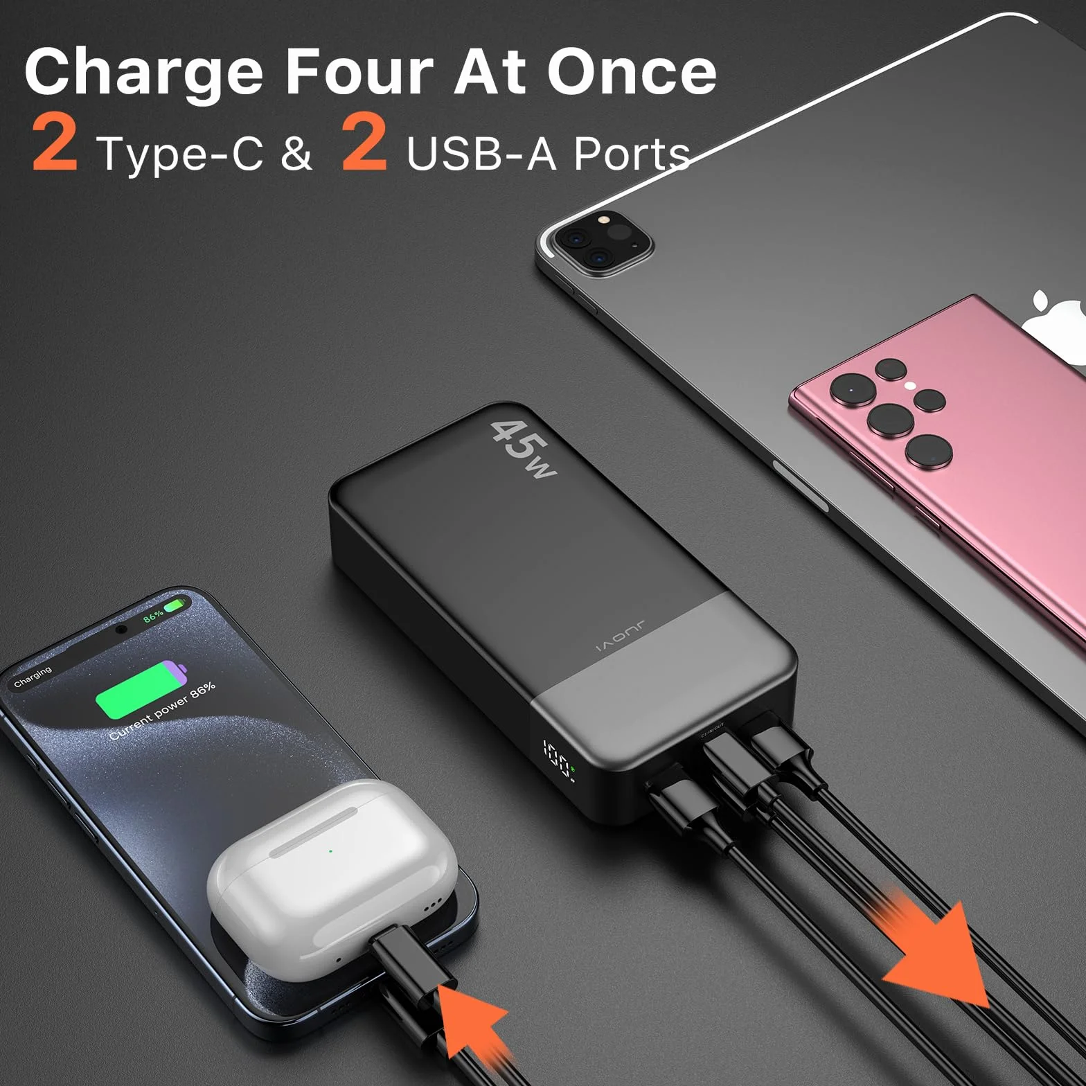 JUOVI Power Bank 20000mAh, 45W Caricatore Portatile Ricarica Rapida, Batteria Esterna 4 Porte, Caricabatterie Portatile per MacBook, Samsung, Dell, HP, Tablet, iPhone 16 15 14 13 e Altro (Nero)