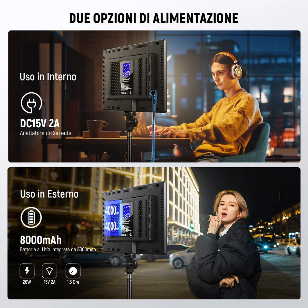 NEEWER Pannello Luce Video a 192 LED, Luce Fotocamera DSLR Ultra Sottile Bicolore Dimmerabile 20W, Batteria al Litio 4000mAh, 3200K-5600K CRI97+, Key Light per Fotogragrafia Riprese e Streaming Studio