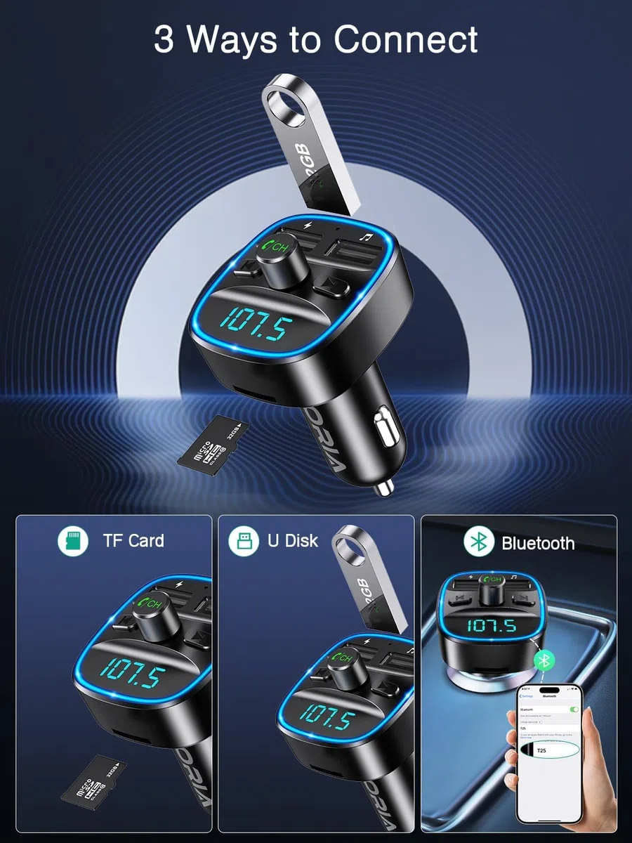 ORIA Trasmettitore FM Bluetooth 5.3, Trasmettitore Bluetooth per Auto, Adattatore QC3.0 USB Caricabatteria Auto con Chiamata Vivavoce e 2 USB Port, Supporta Carta TF e Disco U
