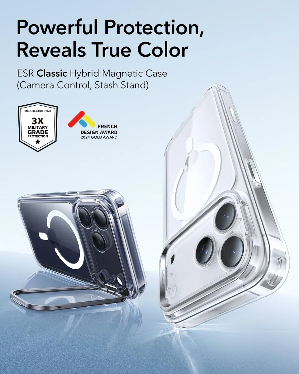 ESR Cover per iPhone 17 Pro, Controllo della fotocamera, Compatibile con MagSafe, Supporto integrato, Protezione di livello militare, Retro resistente ai graffi, Serie Classic, Trasparente