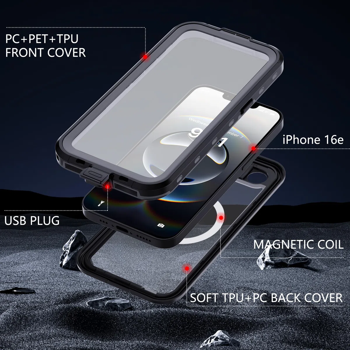 Custodia per iPhone 16E IP68 Impermeabile Cover Antiurto Subacquea Protezione Case Resistente Indistruttibile Custodia con protezion Waterproof Rigida 360 Completa Cover Nero FSK