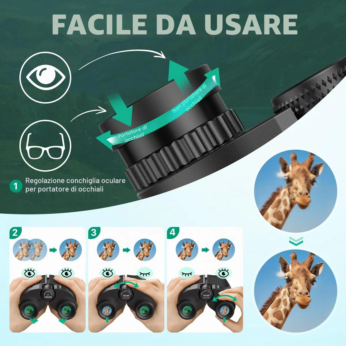 Kylietech Binocolo Compatto 12 x 25, Binocolo Leggero per Adulti e Bambini, Effetto Multistrato FMC e Prismi BAK-4, Ideale per Sport All'aria Aperta, Viaggi e Caccia, Concerti