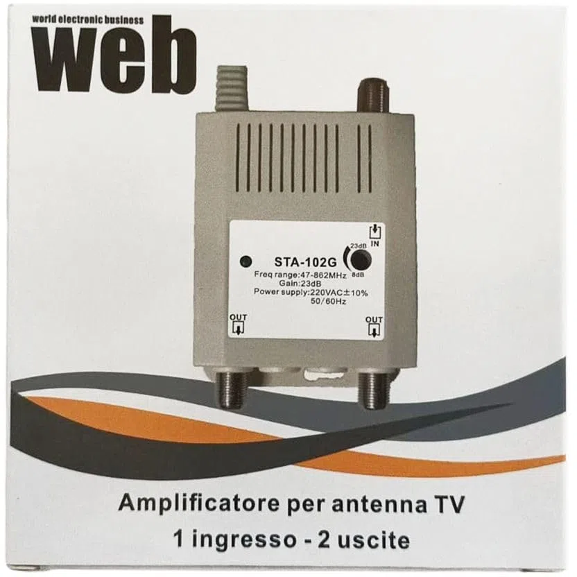 WEB Amplificatore Antenna TV Interno STA-102G – 1 Ingresso 2 Uscite – Guadagno Regolabile 8-23dB – Filtro LTE/5G – Potenziatore Segnale Digitale VHF/UHF 220V
