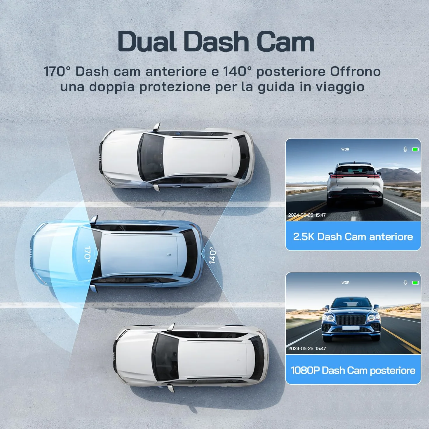 WOLFANG 2.5K Doppia Dashcam, Dash Cam Auto IPS 3" con Grandangolo di 310°, 1440P+1080P FHD Telecamera, Visione Notturna,G-Sensor, WDR, Monitor di Parcheggio, Registrazione in Loop