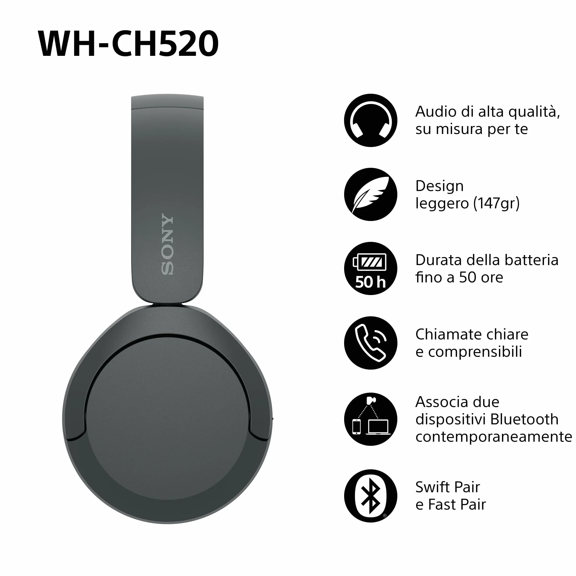 Sony WH-CH520 | Cuffie Wireless, Connessione Multipoint, con Microfono, Fino a 50 ore di durata della batteria con Ricarica rapida - Nero
