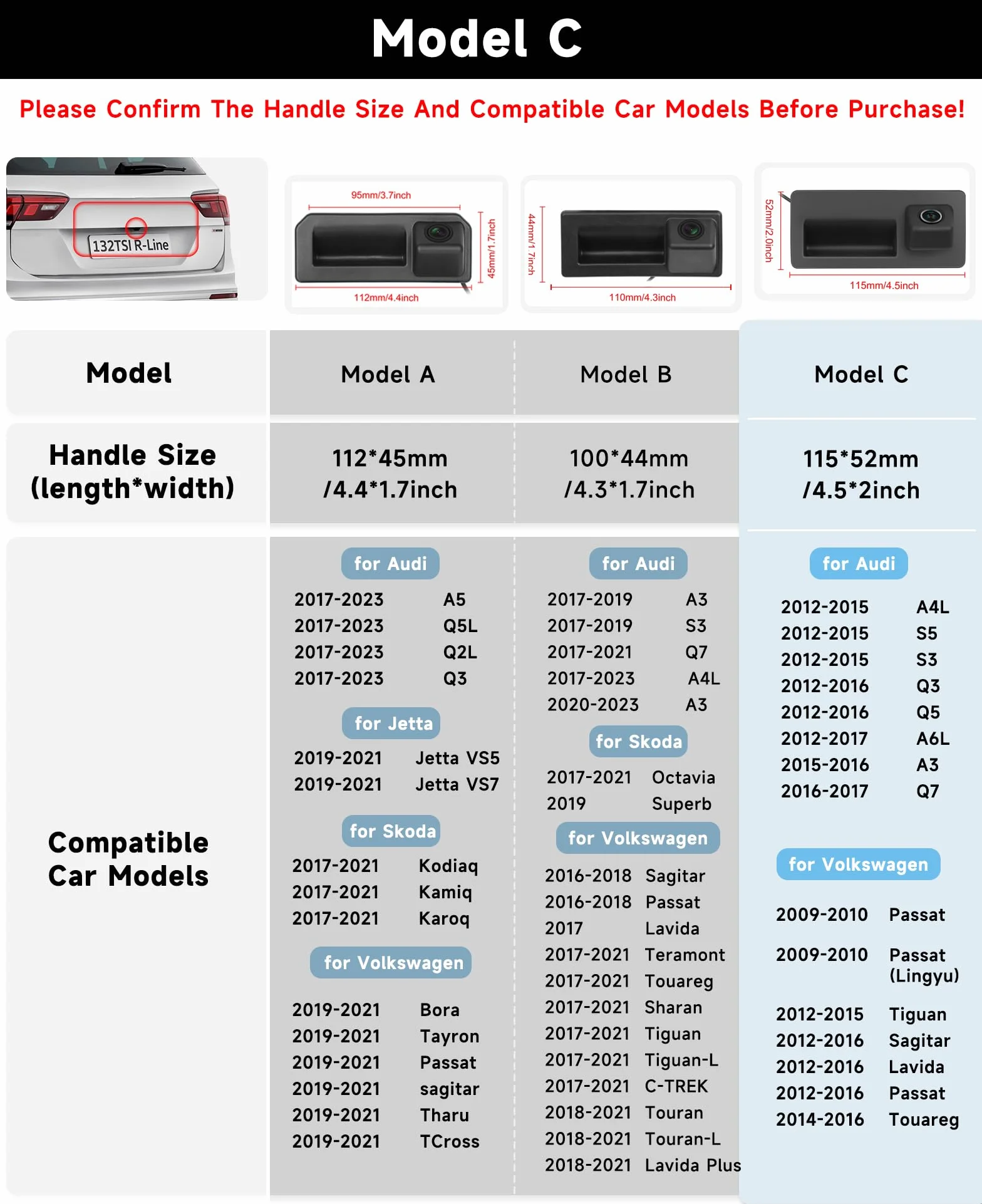 Hodozzy 170 Gradi Telecamera Retromarcia per VW/Audi, AHD&CVBS IP67 Impermeabile Visione Notturna Auto Tronco Maniglia Telecamera Posteriore per Auto per Tiguan Passat Sagitar per Audi A6L A5 A4L Q7