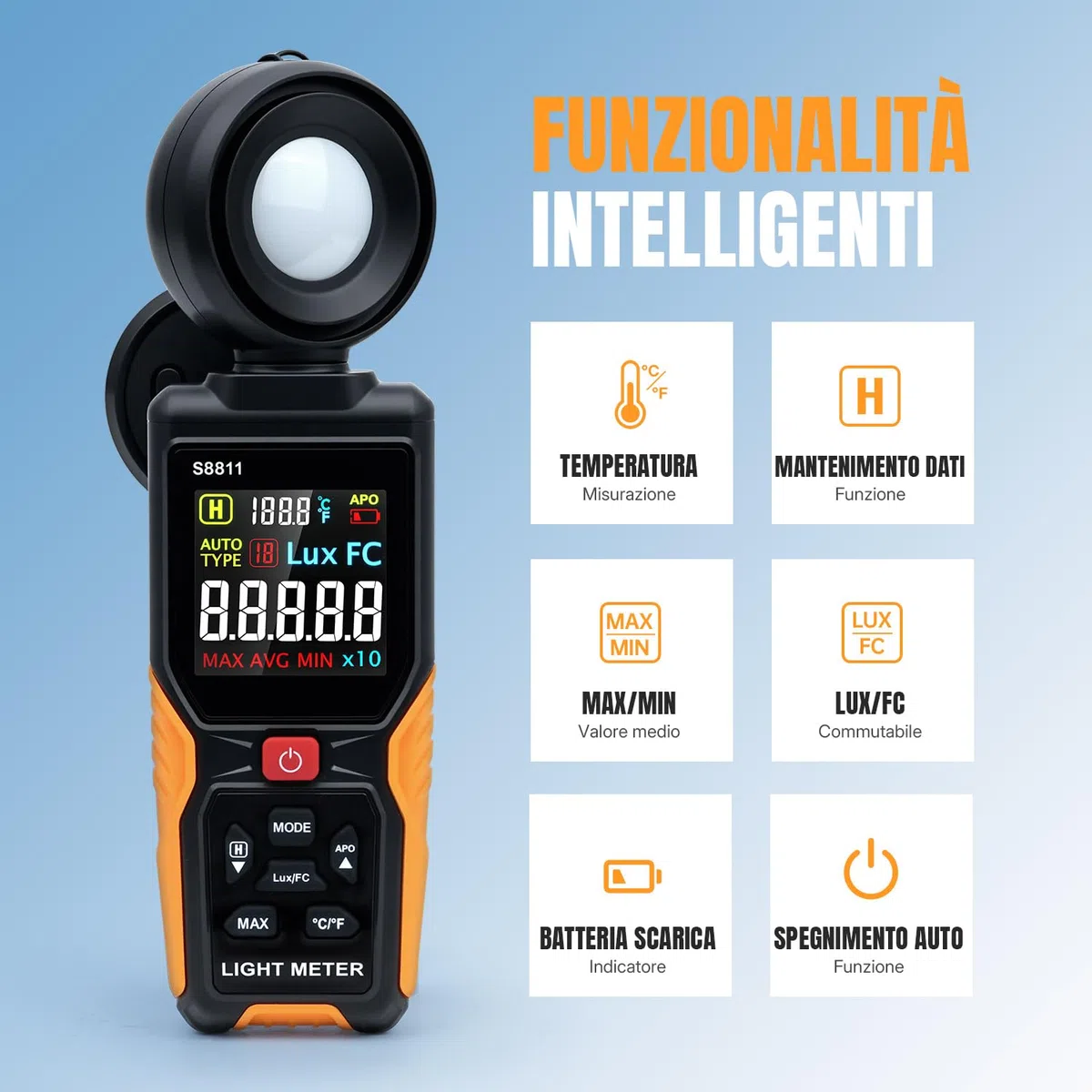 Mcbazel Misuratore di Luce Digitale, Lux/FC 200.000 Misuratore di Illuminazione ad Alta Precisione con Sensore Ruotabile a 270° e Display a Colori HD con Temperatura Ambiente per Piante, Fotografia