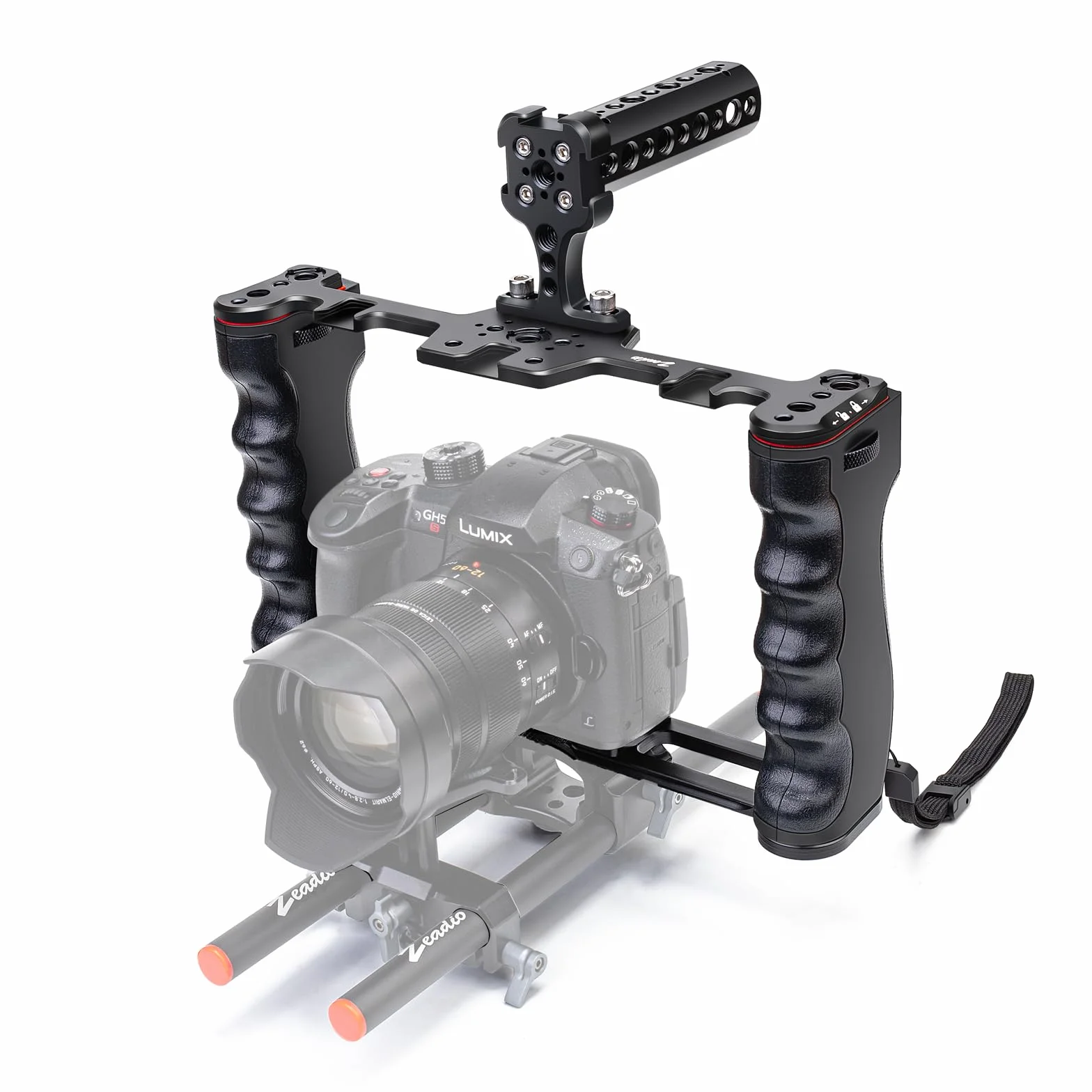 Zeadio Gabbia universale per fotocamera, rig stabilizzatore video a doppia impugnatura con maniglia superiore, 6 attacchi cold shoe, per filmmaking e vlogging YouTube ecc