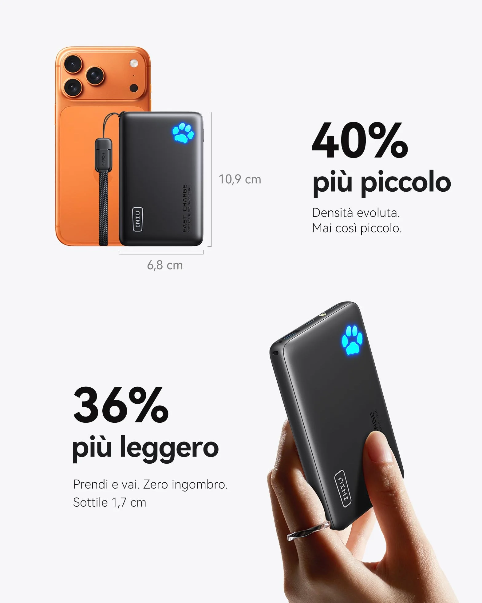 INIU Power Bank, Piccolo 45W Ricarica Rapida 10000mAh Powerbank con Cavo USB C Staccabile, Idoneo per Volo, Essenziali da Viaggio, Caricatore Portatile per iPhone 17 16, Samsung S25 Xiaomi iPad ecc.