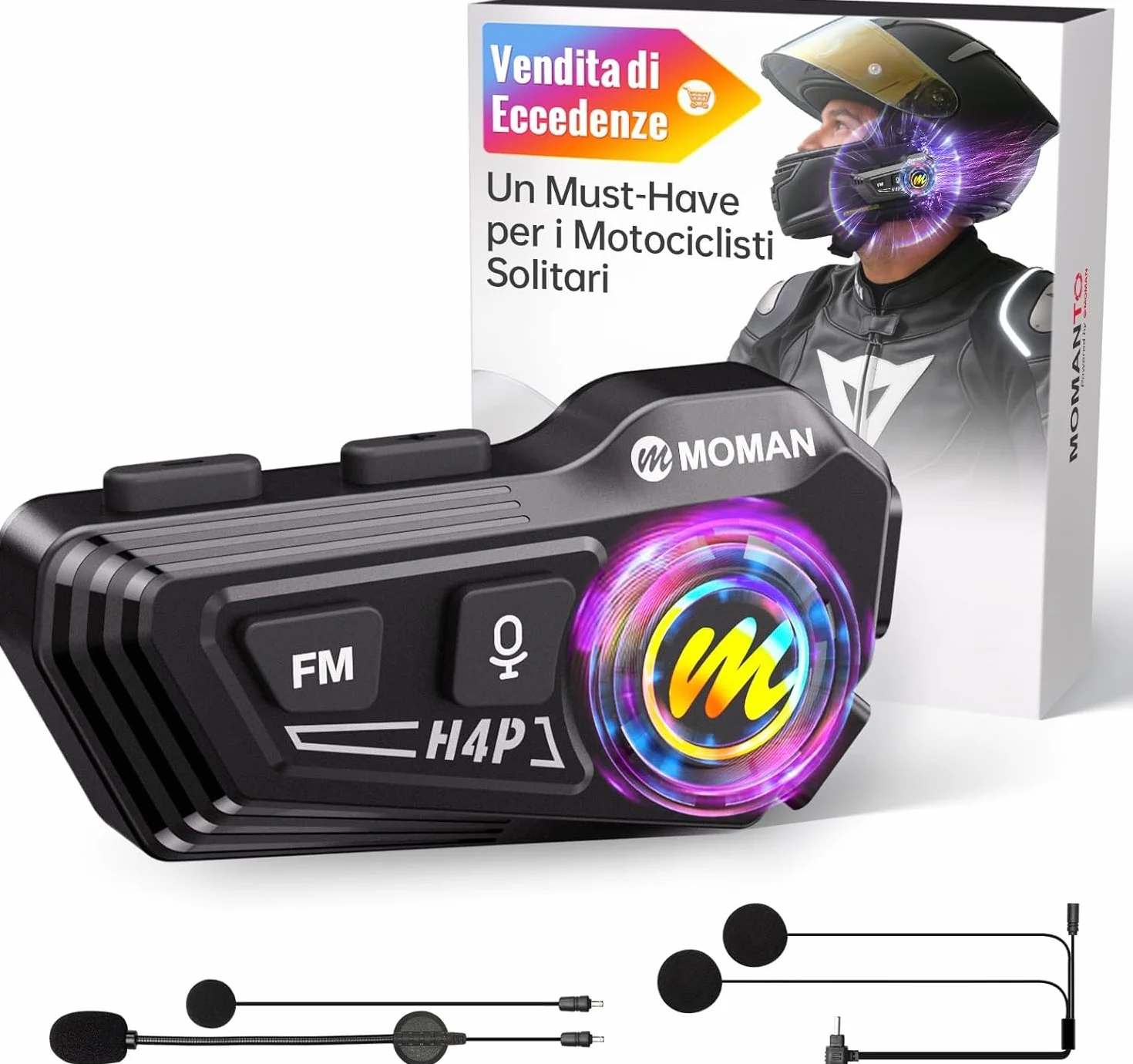 Moman Cuffie per casco da moto, BT5.1, con altoparlanti Hi-Fi, doppia riduzione del rumore, RGB/FM/vivavoce/AI vocale, cuffie per pilota singolo (nero H4P)