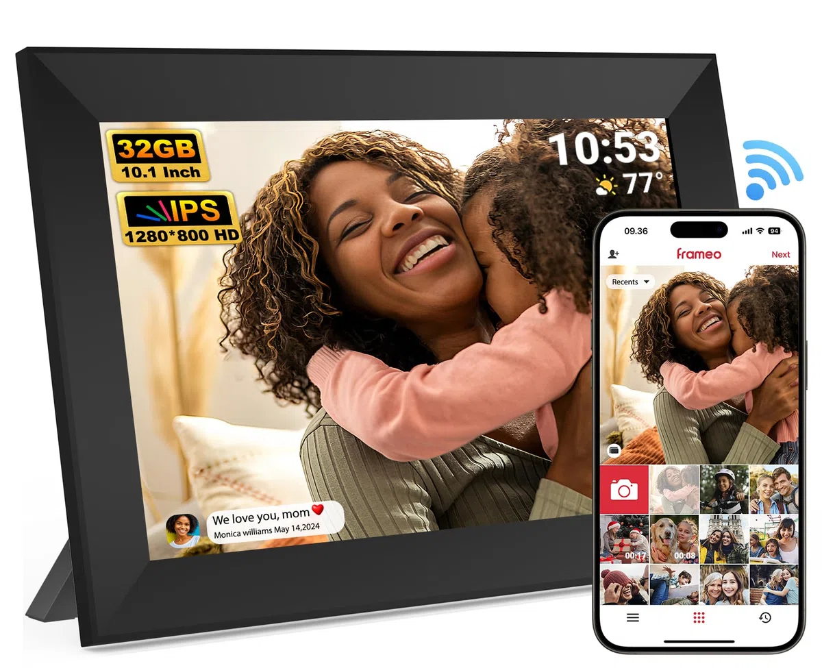 Frameo Cornice Digitale WiFi da 10,1 Pollici, 32GB, Schermo IPS Touchscreen HD 1280 x 800P, Rotazione Automatica, Condividi Foto/Video Subito da Qualsiasi Luogo (Elegante Nero)