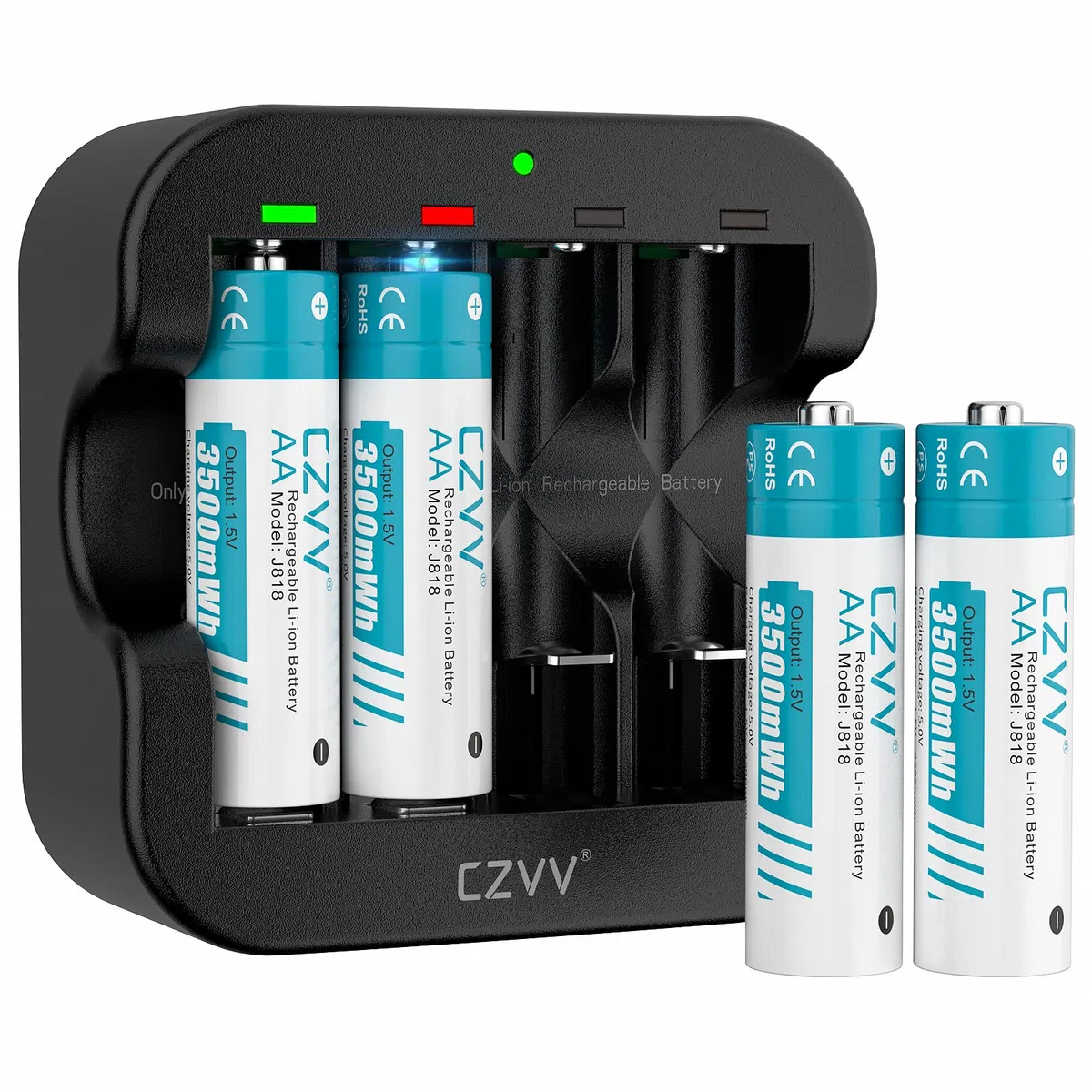 Batterie Ricaricabili AA Lithium 1,5V - Alta Capacità 3500mWh Pile 4 Pezzi con Caricatore 4 Slot Intelligente Caricabatterie Ricarica Rapida 2H, 1500 Cicli, Durata Ultra Lunga 10 Anni