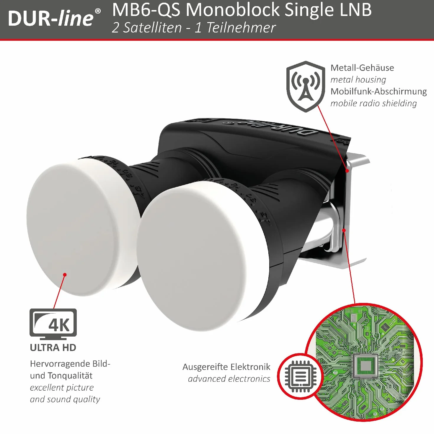 DUR-line LNB monoblocco singolo 6° - Astra 19.2°E + Hotbird 13°E - 1 partecipante e 2 satelliti (MB6-QS) - Doppio LNC con DiSEqC integrato - Full HD, 4K, 8K, 3D - Resistente alle intemperie +