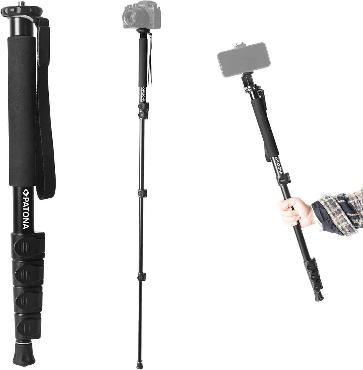 PATONA Treppiede monopiede telescopico di alta qualità, leggero design telescopico in alluminio robusto, treppiede per fotocamera Gezi Mono One, monopiede fino a 155 cm, filettatura da 1/4 e 3/8