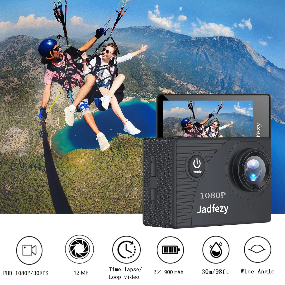 Action Cam 1080P con scheda da 32 GB, Macchina Fotografica Subacquea impermeabile 30M, Fotocamera Subacquea con Due 900mAh Batterie Ricaricabili e Kit Accessori