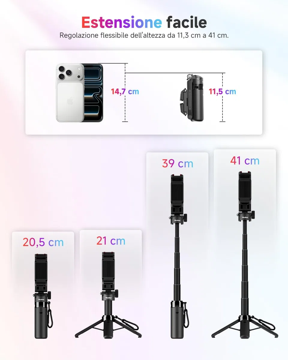 Rollei Treppiede Smartphone Easy Creator SmartGrip 3-in-1 Bastone Selfie Estensibile con Telecomando Selfiestick Portatile con 2 Attacchi Cold Shoe, Treppiede-Smartphone-Cavalletto-Bastone-Selfie