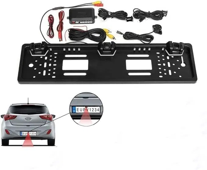 SQUADO Porta targa con telecamera posteriore e 2 sensori di parcheggio per auto europea, Retromarcia, Portatarga con camera e sensore, Allarme sonoro