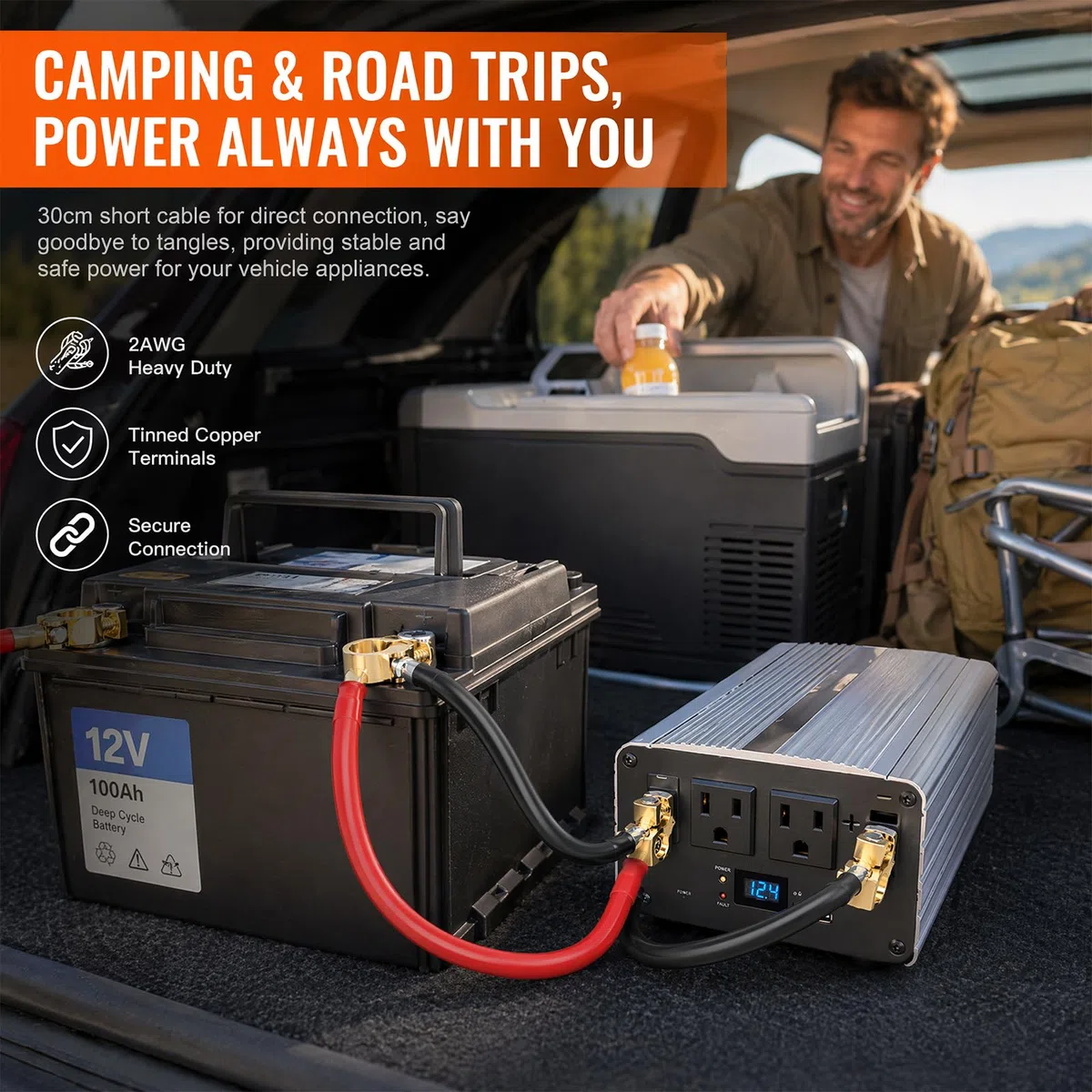 2 cavi inverter per batteria, 4 AWG, 30 cm, in rame puro, con morsetti per batteria, rosso e nero, cavo batteria da 12 V-24 V, per auto, camion, moto, camper, solare, marine, inverter